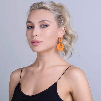 RUOFFETA Acrylic Rectangle Earrings, Fashion Acrylic Square/Oval/Hoop Statement Drop Earrings for Women - color: Orange Round
