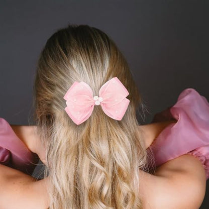 KISZU 4.5 Inch Flower Hair Bows Clips Mermaid Pearl HairPins for Girls Children Teens and Women - color: Deep Pink