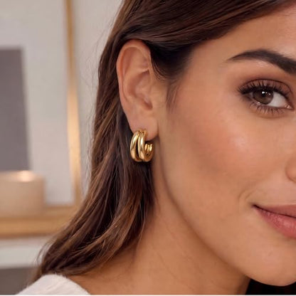Chunky Gold Hoop Earrings for Women Non Tarnish, 14k Gold Plated Thick Triple Hoop Earrings Hypoallergenic Trendy Hoops Dainty Jewelry Gifts for Women - style: simple Double C Hoop