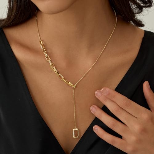 ARSIS Lariat Long Gold Necklace for Women, 18K Gold/Platinum Plated Y-Shaped Drop Dangle Pendant Necklace, Long Adjustable Pull Slider Chain Jewelry Gift for Her - color: Gold-paperclip slider