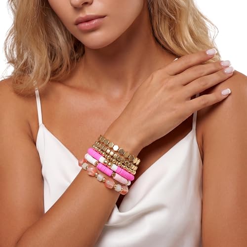 Summer Surfer Heishi Bracelet Set for Women Stackable Gold Plated Clay Ploymer Bead Stretch Pink Beach Layering Bracelets Jewelry - color: B-A7 plastic 6pc