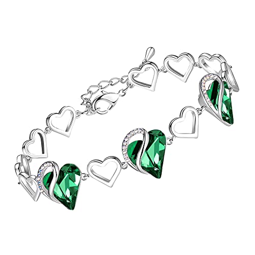 Leafael Infinity Love Heart Gift Bracelet for Women, Birthstone or Healing Stone Crystal, Silver Tone Birthday Jewelry for Her, Mom, and Wife, 7-inch Chain and 2-inch Extender - color: 05-May-Emerald Green