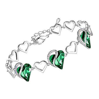 Leafael Infinity Love Heart Gift Bracelet for Women, Birthstone or Healing Stone Crystal, Silver Tone Birthday Jewelry for Her, Mom, and Wife, 7-inch Chain and 2-inch Extender - color: 05-May-Emerald Green