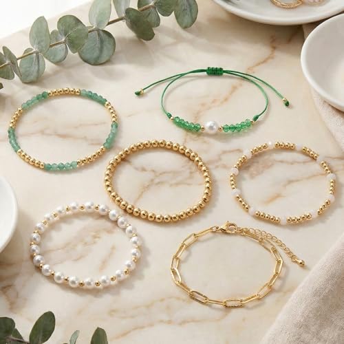 5Pcs Stack Gold Plated Ball Beaded Bracelets Set for Women, Boho Handmade Colorful Glass Pearl Stretch Accessories Jewelry, Summer Beach Daily Wear Holiday Friendship Gift - color: Green Gold