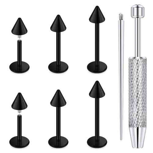 Internally Threaded Labret Studs 18G 16G 14G Surgical Steel Lip Piercing Jewelry with Claw Tool Monroe Snake Bite Jewelry Flat Back Barbell for Women Men Plus Piercing Ball Grabber Tool - color: black, size: 16g,spike end