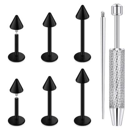 Internally Threaded Labret Studs 18G 16G 14G Surgical Steel Lip Piercing Jewelry with Claw Tool Monroe Snake Bite Jewelry Flat Back Barbell for Women Men Plus Piercing Ball Grabber Tool - color: black, size: 16g,spike end