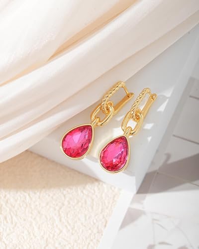 Crystals Teardrop Dangle Drop Earrings, 18K Gold Plated Hoop Earrings Zirconia Jewelry for Women Gifts - color: Rose Red-Long