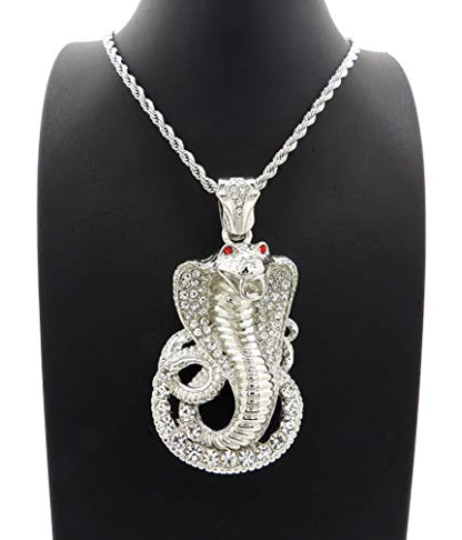 Fashion 21 Pave Red Eye Cobra Pendant 24" Rope, 36" Cuban Chain Necklace in Gold, Silver Tone Plated - style: Silver Tone / 24" Rope Chain