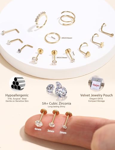 JeryWe Nose Rings for Women - 14K Gold Filled Hypoallergenic Surgical Steel Nose Ring Hoops CZ Lip Ring Screw L Shaped Studs Threadless Flat Back Stud Nose Piercings Jewelry for Women Men - style: 14K Gold Filled-AB CZ
