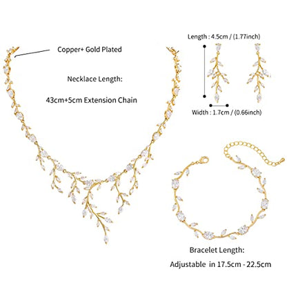 Bridal Wedding Jewelry CZ Set Marquise Teardrop Cubic Zirconia Pendant Necklace and Dangle Earring Bracelet Sets for Women - color: Gold - 03