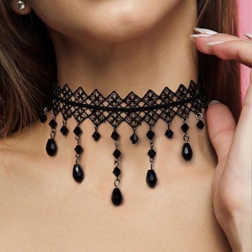 Qceasiy Gothic Black Necklace for Women, Adjustable Victorian Velvet Lace Collar, Halloween Party Cosplay Jewelry Gift - style: Mesh Pendant