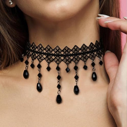 Qceasiy Gothic Black Necklace for Women, Adjustable Victorian Velvet Lace Collar, Halloween Party Cosplay Jewelry Gift - style: Mesh Pendant