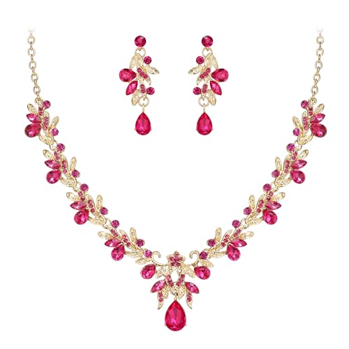 Women's Wedding Jewelry Set Leaf Flower for Bridal Prom Party | Stunning Crystal Teardrop Marquise Cluster Pendant Necklace Dangle Earrings Set for Bride Bridesmaid - color: Hot Pink Gold-Plated-Base