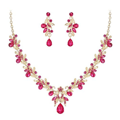 Women's Wedding Jewelry Set Leaf Flower for Bridal Prom Party | Stunning Crystal Teardrop Marquise Cluster Pendant Necklace Dangle Earrings Set for Bride Bridesmaid - color: Hot Pink Gold-Plated-Base
