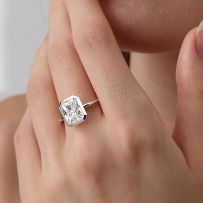 Radiant Cut Moissanite Engagement Ring for Women, Bezel Set Solitaire Ring | D Color VVS1 925 Sterling Silver 14K Gold Plated Wedding Ring, Available in 2CT 3CT 5CT, Diamond Alternative Promise Jewelry - style: 01 - White Gold - 5CT Radiant Moissanite