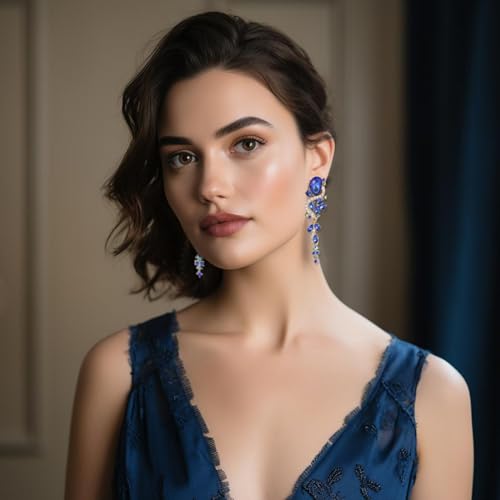 Fashion Rhinestone Statement Drop Dangle Earrings Long Colorful Crystal Bridal Wedding Teardrop Chandelier Earrings for Women Prom Pageant - color: Royal Blue