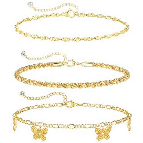 Rotnso Anklets for Women 14K Gold Silver Plated Ankle Bracelets Trendy Waterproof Boho Anklets Set Adjustable Dainty Cute Diamond Beaded Heart Non Tarnish Summer Beach Jewelry Gift - style: 3Pcs Sequin&Rope&Butterfly-GD