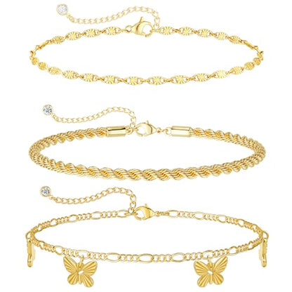 Rotnso Anklets for Women 14K Gold Silver Plated Ankle Bracelets Trendy Waterproof Boho Anklets Set Adjustable Dainty Cute Diamond Beaded Heart Non Tarnish Summer Beach Jewelry Gift - style: 3Pcs Sequin&Rope&Butterfly-GD