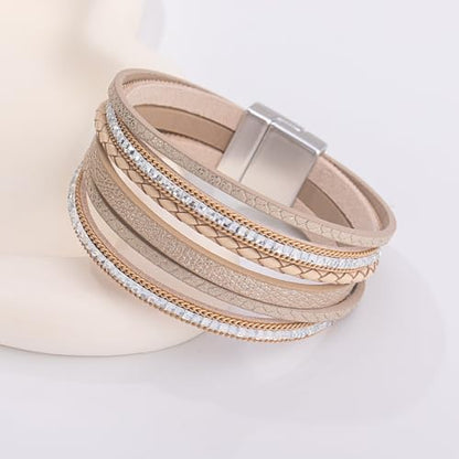 Boho Layered Leather Wrap Bracelets Chunky Western Country Hippie Jewelry | Stackable Bohemian Cowgirl Magnetic Clasp Cuff Bangle Set Fashion Stack Statement Festival Trendy Jewelry Gifts for Women - color: Gold