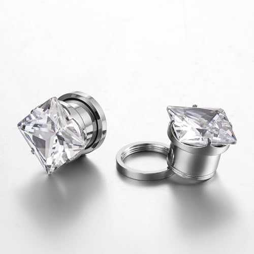 ARTFAN Ear Expander Gauges Tunnels - 2PCS Stainless Steel Screw Square CZ Stone Plugs Tunnels for Stretched Ears, Ear Gauges Stretcher for Women Men, Hypoallergenic Body Piercing Jewelry - size: 0g (8mm)