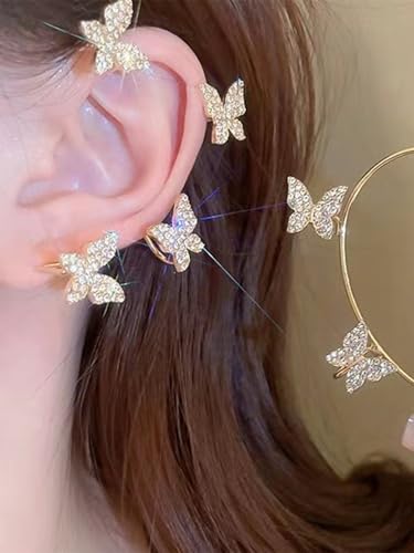 2Pcs Butterfly Ear Cuffs Rhinestone Clip On Earrings | Rhinestone butterfly ear cuffs with non piercing clip on design; silver ear wrap climber jewelry for parties and weddings - style: Style B Gold