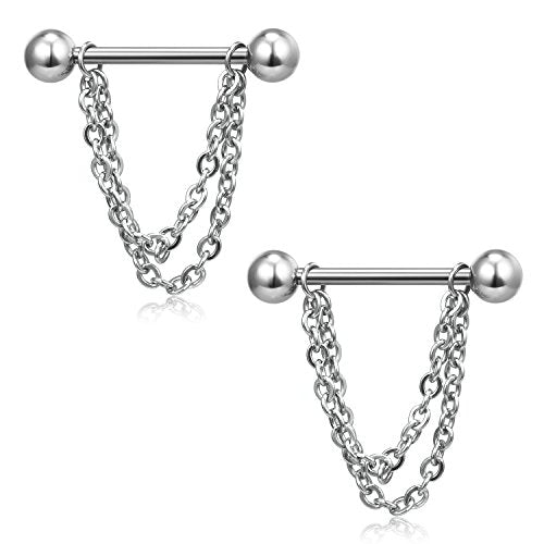 Ruifan Surgical Steel Nipple Shield Rings Tongue Barbell Piercing Jewelry Retainer 14G 5/8Inch Chain Dangle Clear CZ For Women Men 2-20PCS - color: 2PCS - Silver w Balls
