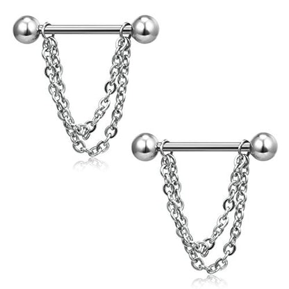 Ruifan Surgical Steel Nipple Shield Rings Tongue Barbell Piercing Jewelry Retainer 14G 5/8Inch Chain Dangle Clear CZ For Women Men 2-20PCS - color: 2PCS - Silver w Balls