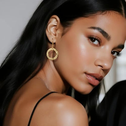 ALEXCRAFT Gold Hammered Double Circle Leverback Dangle Earrings | Hypoallergenic, Drop Handmade, Hammered Round, Minimalist Boho - color: C-14k Gold