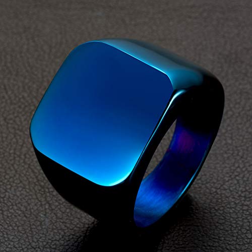 Stainless Steel Signet Ring for Men Solid Square Biker Rings Matte Brushed/Polished Finish - color: Polished, Blue
