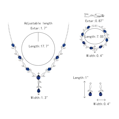 Crysdue Wedding Jewelry Set for Brides Bridesmaid, Cubic Zirconia Teardrop Marquise Leaf Cluster Pendant Necklace Bridal Tennis Bracelet Drop Earrings for Women Party Prom - style: A- CZ set-blue, silver