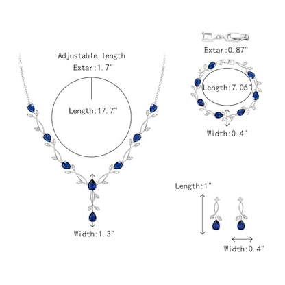 Crysdue Wedding Jewelry Set for Brides Bridesmaid, Cubic Zirconia Teardrop Marquise Leaf Cluster Pendant Necklace Bridal Tennis Bracelet Drop Earrings for Women Party Prom - style: A- CZ set-blue, silver