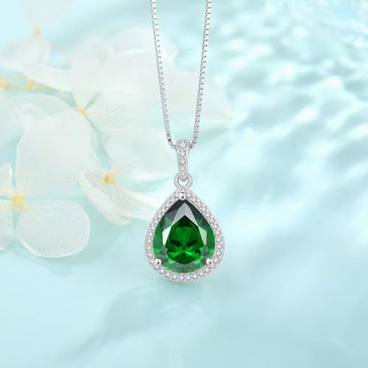 FJ Teardrop Pendant Necklace 925 Sterling Silver Birthstone Jewelry for Women - color: 05 May-Emerald