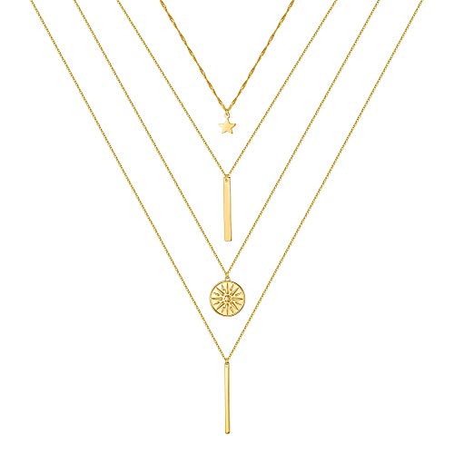 Turandoss Gold Layered Necklaces for Women - 14K Gold Plated Handmade Multilayer Bar Pearls Coin Disc Moon Butterfly Medallion Adjustable Dainty Layered Choker Necklaces for Women Jewelry - style: 4PCS - Star&Bar&Sun&Bar