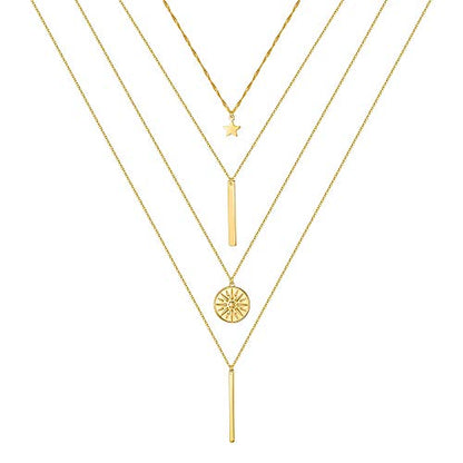 Turandoss Gold Layered Necklaces for Women - 14K Gold Plated Handmade Multilayer Bar Pearls Coin Disc Moon Butterfly Medallion Adjustable Dainty Layered Choker Necklaces for Women Jewelry - style: 4PCS - Star&Bar&Sun&Bar