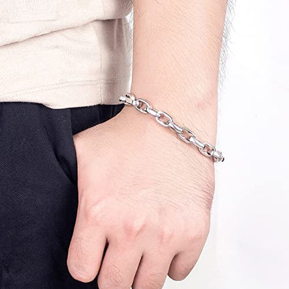 H&Beautimer Solid 925 Silver Bracelet Italian Handmade 0.35/0.4 Inch Box Chain Bracelet for Men's 7,7.5,8,8.5,9,9.5,10 Inch Hip Hop Style Jewelry - color: Oval, size: 10 inches