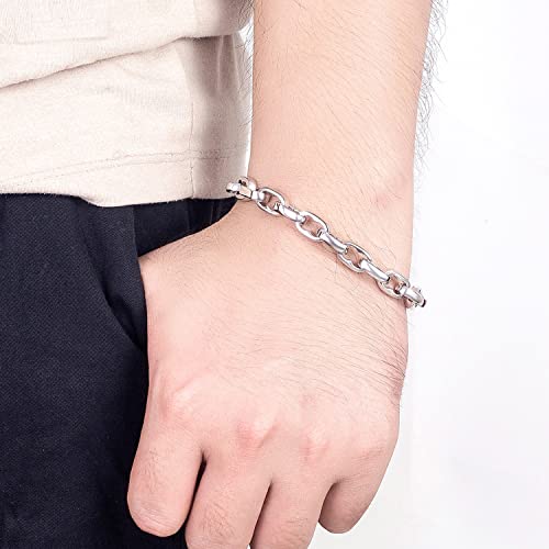 H&Beautimer Solid 925 Silver Bracelet Italian Handmade 0.35/0.4 Inch Box Chain Bracelet for Men's 7,7.5,8,8.5,9,9.5,10 Inch Hip Hop Style Jewelry - color: Oval, size: 7.5 inches