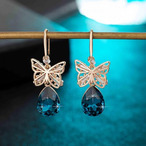 Austrian Crystal Teardrop Butterfly Drop Dangle Earrings for Women 14K Rose Gold Plated Hypoallergenic Jewelry - color: Dark Blue