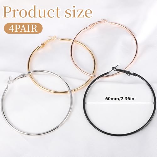 4 Pairs Stainless Steel Big Hoop Earrings for Women Gold Silver Rose Gold Black 2.3 Inch Large Circle Hoop Earrings