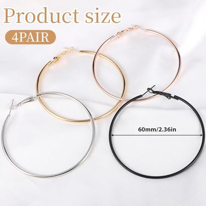 4 Pairs Stainless Steel Big Hoop Earrings for Women Gold Silver Rose Gold Black 2.3 Inch Large Circle Hoop Earrings