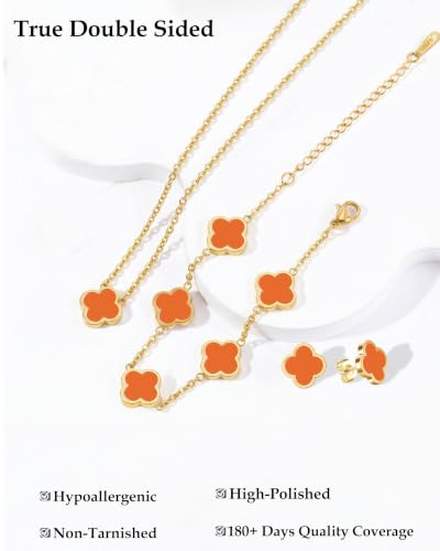 Clover Jewelry Set 3 PC - 18K Gold Plated Stainless Steel Y Necklace Four Leaf Pendant, Clover Bracelet Charm, 4leaf Earrings, Hypoallergenic Non-Tarnish, Lucky Jewelry Gifts for Women Mom - color: Orange/Gold
