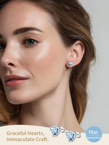 FindChic 2 Carat Birthstone Stud Earrings for Women, Round/Heart/Princess Cut Stud Earrings, Hypoallergenic Studs with 925 Sterling Silver Posts, 12 Months Birthday Jewelry Gift - color: 03. March-Aquamarine(Heart Cut)