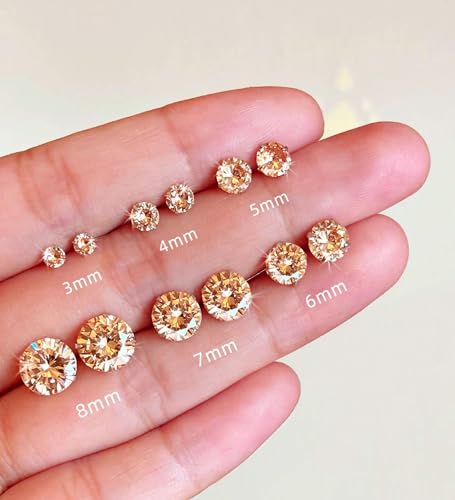 6 Pairs Surgical Steel Flat Back Earrings | CZ Stud Set | Hypoallergenic 316L Surgical Steel • Flat Back Threaded Studs for Cartilage, Helix & Lobe • 6 Mixed Sizes (3-8mm) - color: Flatback-Champagne
