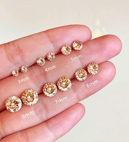 6 Pairs Surgical Steel Flat Back Earrings | CZ Stud Set | Hypoallergenic 316L Surgical Steel • Flat Back Threaded Studs for Cartilage, Helix & Lobe • 6 Mixed Sizes (3-8mm) - color: Flatback-Champagne