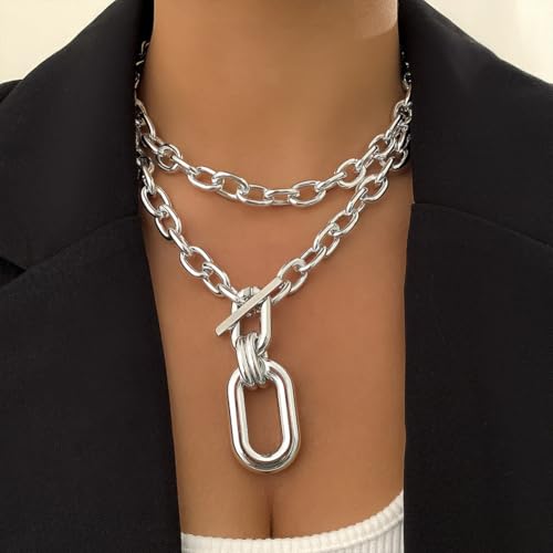 Layered Chunky Gold Silver Necklace Big Cuban Chain Statement Necklace Stacked Punk Chain Choker Necklaces for Women Trendy Jewelry Birthday Gifts - color: 03 Silver