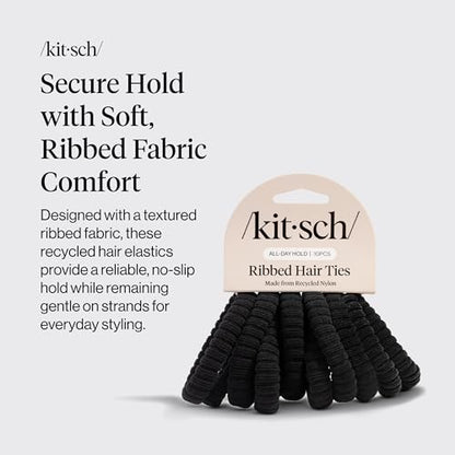 Kitsch Ribbed Hair Ties No Damage - Black, 10pcs | Strong, Stretchy & Snag-Free Hair Bands – Soft Fabric Ponytail Holders, Stylish Elastics for Everyday Hairstyles - color: Black Ribbed (Pack of 10)