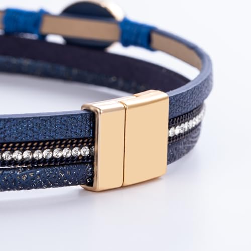 Boho Chunky Leather Wrap Bracelets Stackable Beaded Western Country Jewelry | Crystal Bead Trendy Layered Cuff Magnetic Clasp Stack Bohemian Statement Costume Outfits Cowgirl Fashion Hippie Accessories - color: Navy Blue, size: 14.7"