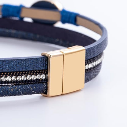 Boho Chunky Leather Wrap Bracelets Stackable Beaded Western Country Jewelry | Crystal Bead Trendy Layered Cuff Magnetic Clasp Stack Bohemian Statement Costume Outfits Cowgirl Fashion Hippie Accessories - color: Navy Blue, size: 14.7"