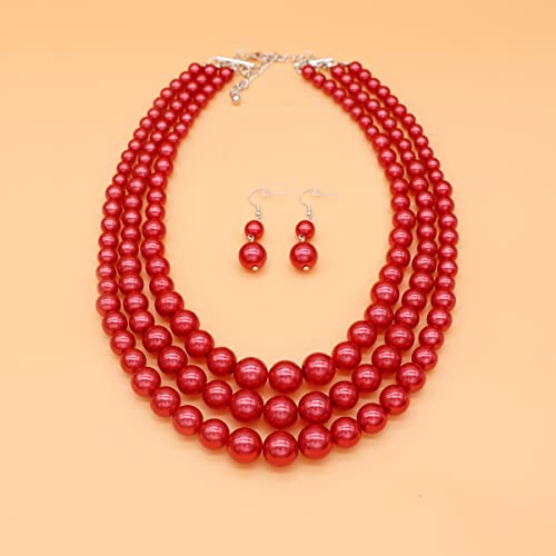 Chunky Layered Imitation Pearl Necklace for Women 3 strand Pearl Necklaces Faux Pearl Necklace Earrings Set 1920s Flapper Gatsby Costume Accessories - color: 3 strand pearl necklace Red