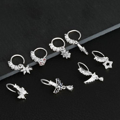 Akeoqi 12Pcs Nose Ring Hoop Cartilage Earring Cute Leaf Star CZ Butterfly Paved Nose Piercing Jewelry for Women men Silver Gold Plated 20G - color: F：New Silver Drop