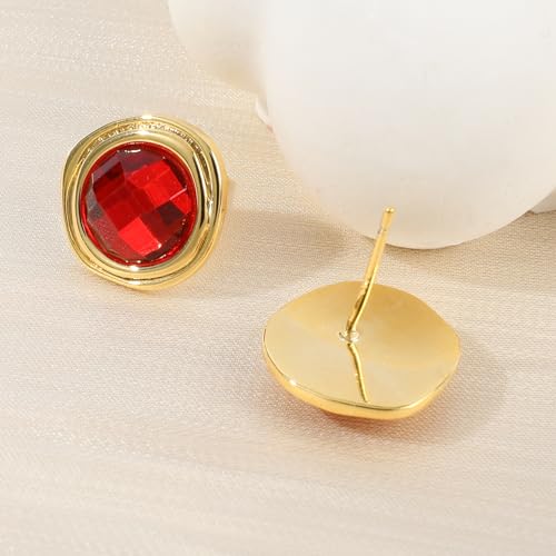 Gold Irregular Round Stud Earrings for Women 14K Gold Plated Crystal Rhinestone Stud Earrings Cubic Zirconia Statement Earrings Trendy Party Jewelry Gift for Women, Vintage Red Gemstone & Transparent